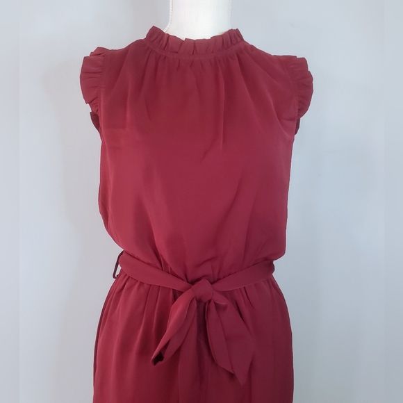 Kirundo Burgundy Sleeveless Ruffle Mock Neck Wide Leg Jumpsuit - Picture 4 of 10
